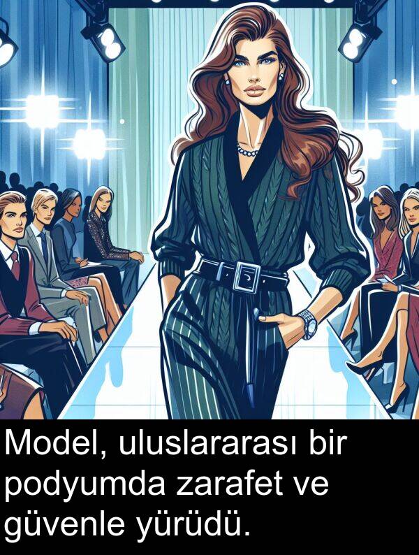 zarafet: Model, uluslararası bir podyumda zarafet ve güvenle yürüdü.