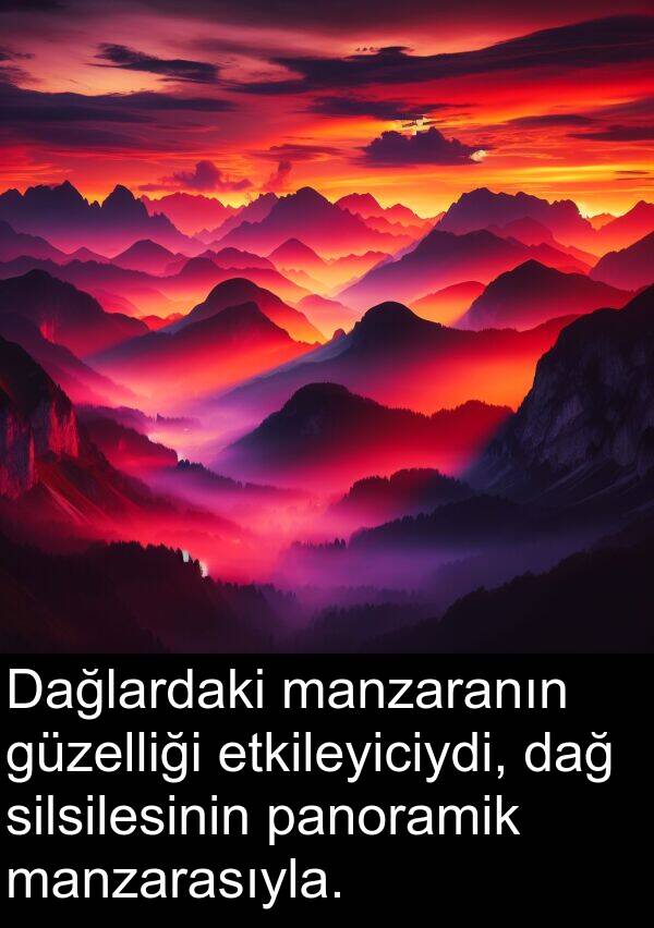 güzelliği: Dağlardaki manzaranın güzelliği etkileyiciydi, dağ silsilesinin panoramik manzarasıyla.