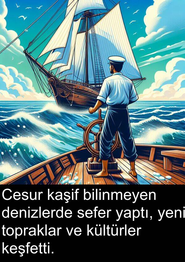 yaptı: Cesur kaşif bilinmeyen denizlerde sefer yaptı, yeni topraklar ve kültürler keşfetti.