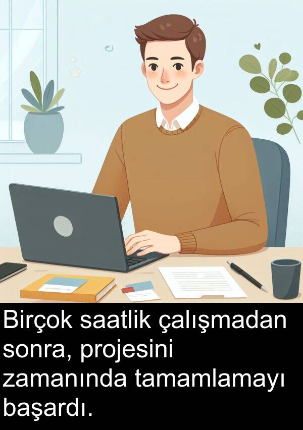 saatlik: Birçok saatlik çalışmadan sonra, projesini zamanında tamamlamayı başardı.