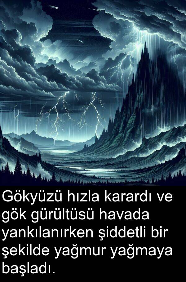 yağmur: Gökyüzü hızla karardı ve gök gürültüsü havada yankılanırken şiddetli bir şekilde yağmur yağmaya başladı.