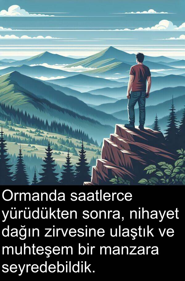 zirvesine: Ormanda saatlerce yürüdükten sonra, nihayet dağın zirvesine ulaştık ve muhteşem bir manzara seyredebildik.