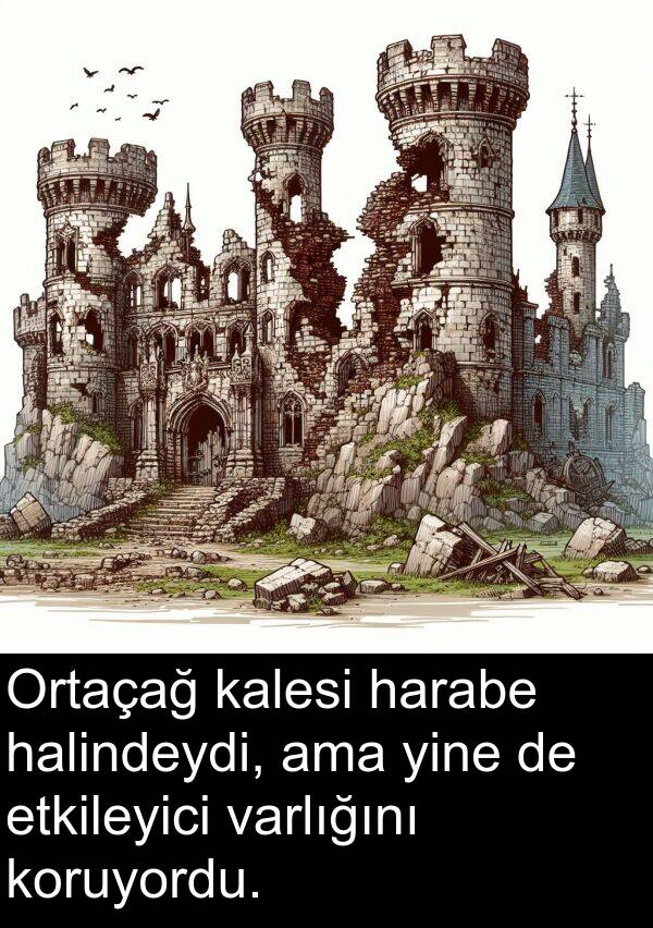 varlığını: Ortaçağ kalesi harabe halindeydi, ama yine de etkileyici varlığını koruyordu.