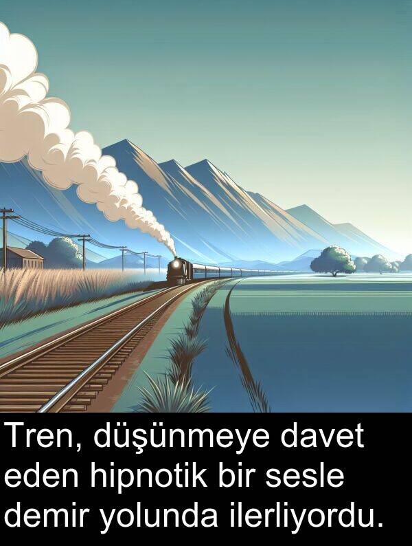ilerliyordu: Tren, düşünmeye davet eden hipnotik bir sesle demir yolunda ilerliyordu.