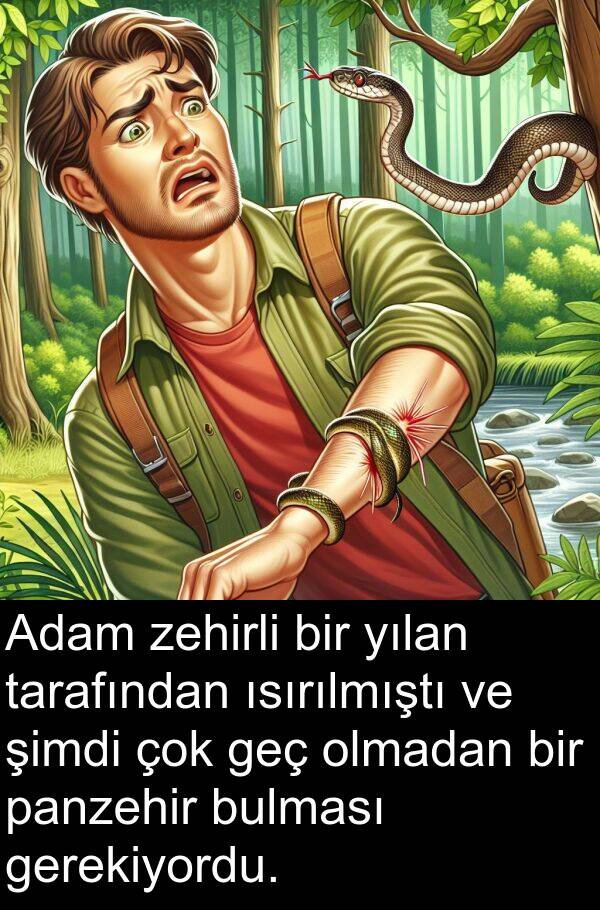 zehirli: Adam zehirli bir yılan tarafından ısırılmıştı ve şimdi çok geç olmadan bir panzehir bulması gerekiyordu.
