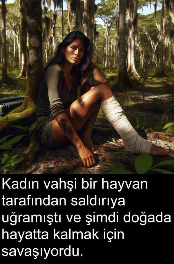 uğramıştı: Kadın vahşi bir hayvan tarafından saldırıya uğramıştı ve şimdi doğada hayatta kalmak için savaşıyordu.
