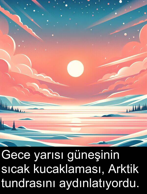 güneşinin: Gece yarısı güneşinin sıcak kucaklaması, Arktik tundrasını aydınlatıyordu.