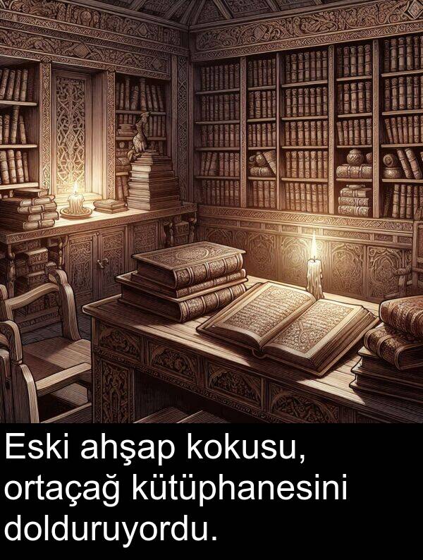 ahşap: Eski ahşap kokusu, ortaçağ kütüphanesini dolduruyordu.