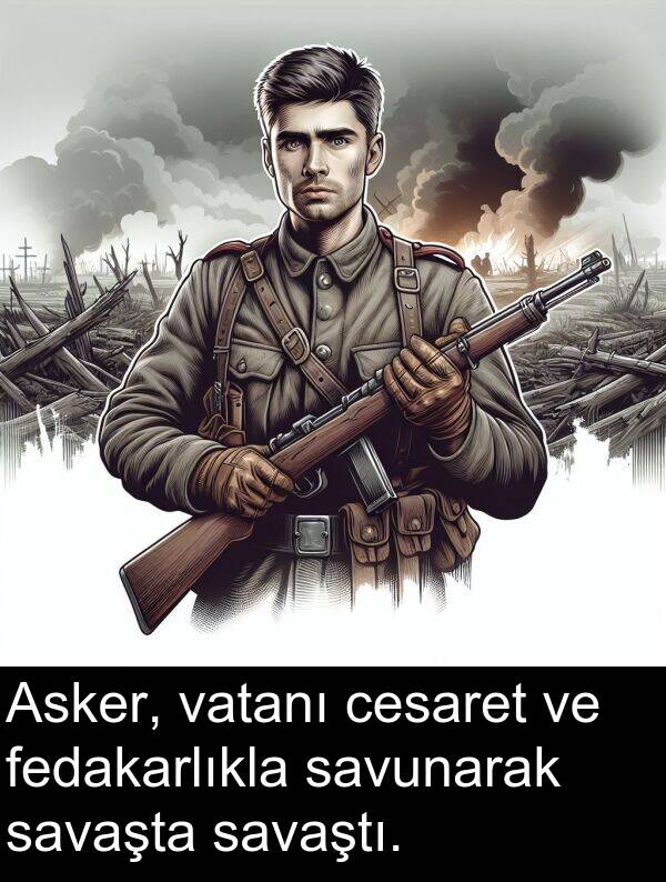 fedakarlıkla: Asker, vatanı cesaret ve fedakarlıkla savunarak savaşta savaştı.