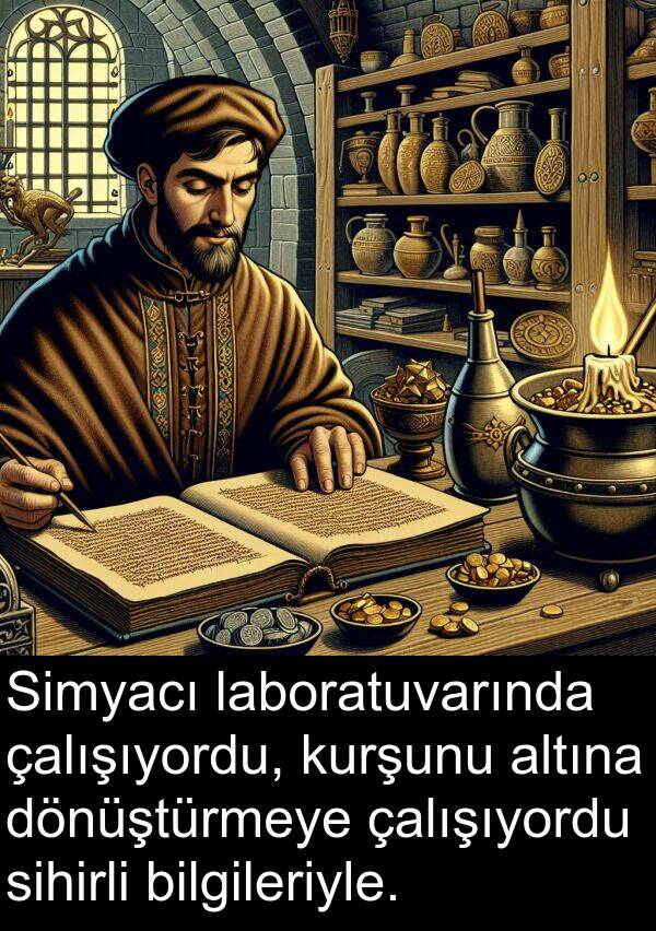 altına: Simyacı laboratuvarında çalışıyordu, kurşunu altına dönüştürmeye çalışıyordu sihirli bilgileriyle.