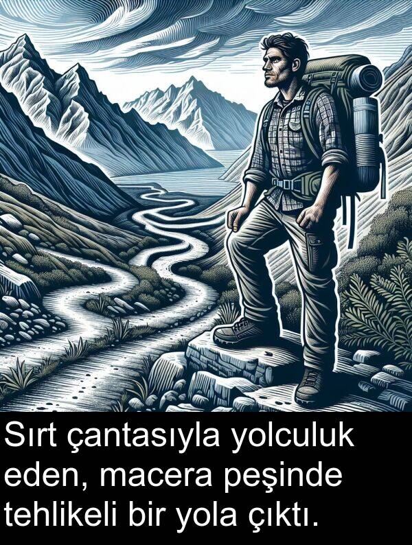 çantasıyla: Sırt çantasıyla yolculuk eden, macera peşinde tehlikeli bir yola çıktı.
