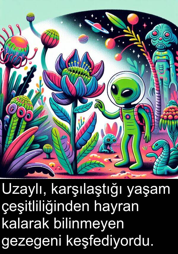 kalarak: Uzaylı, karşılaştığı yaşam çeşitliliğinden hayran kalarak bilinmeyen gezegeni keşfediyordu.