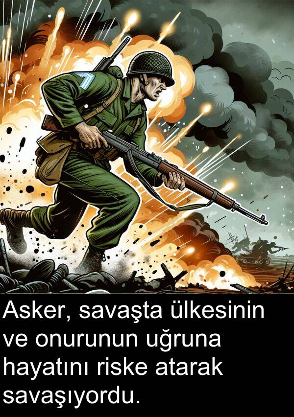 uğruna: Asker, savaşta ülkesinin ve onurunun uğruna hayatını riske atarak savaşıyordu.