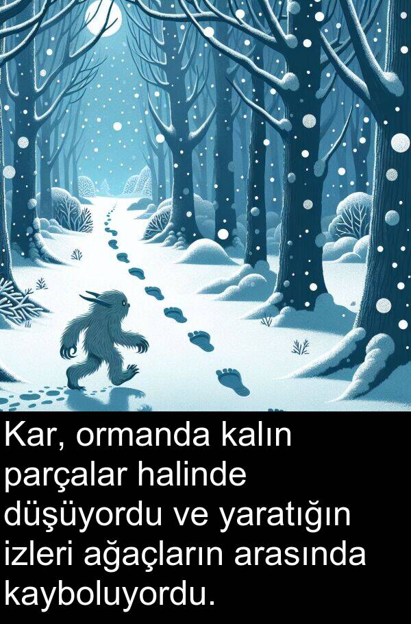 yaratığın: Kar, ormanda kalın parçalar halinde düşüyordu ve yaratığın izleri ağaçların arasında kayboluyordu.
