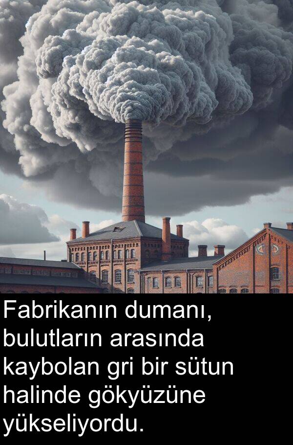 gökyüzüne: Fabrikanın dumanı, bulutların arasında kaybolan gri bir sütun halinde gökyüzüne yükseliyordu.