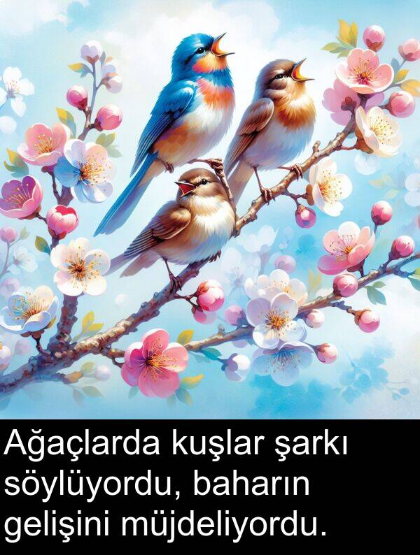 gelişini: Ağaçlarda kuşlar şarkı söylüyordu, baharın gelişini müjdeliyordu.