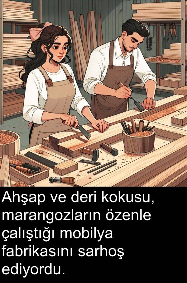 sarhoş: Ahşap ve deri kokusu, marangozların özenle çalıştığı mobilya fabrikasını sarhoş ediyordu.