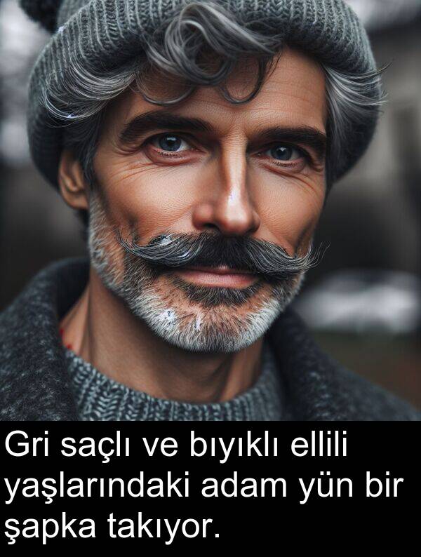 saçlı: Gri saçlı ve bıyıklı ellili yaşlarındaki adam yün bir şapka takıyor.