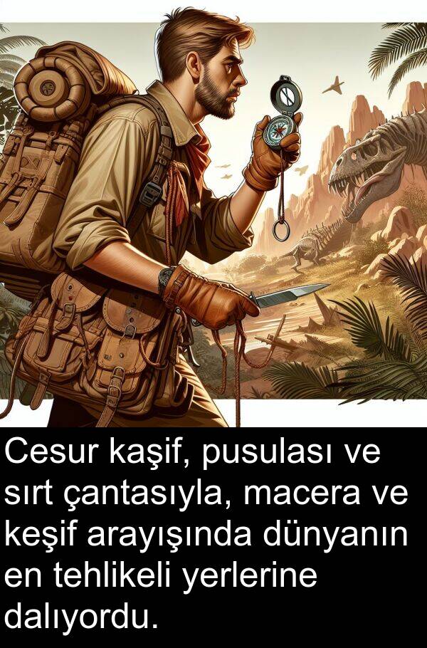 çantasıyla: Cesur kaşif, pusulası ve sırt çantasıyla, macera ve keşif arayışında dünyanın en tehlikeli yerlerine dalıyordu.