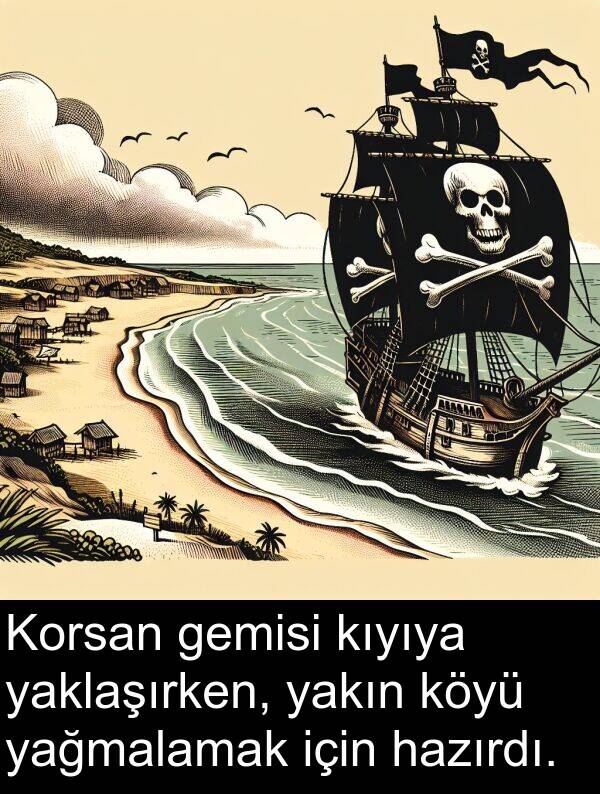 yaklaşırken: Korsan gemisi kıyıya yaklaşırken, yakın köyü yağmalamak için hazırdı.