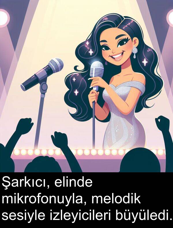 elinde: Şarkıcı, elinde mikrofonuyla, melodik sesiyle izleyicileri büyüledi.