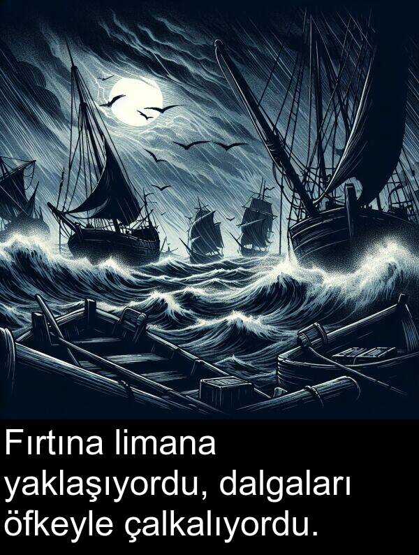 yaklaşıyordu: Fırtına limana yaklaşıyordu, dalgaları öfkeyle çalkalıyordu.