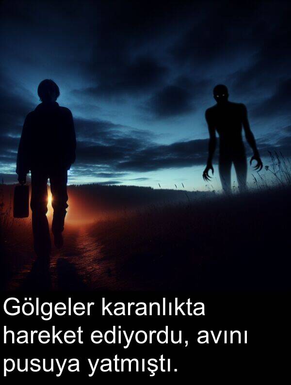 avını: Gölgeler karanlıkta hareket ediyordu, avını pusuya yatmıştı.