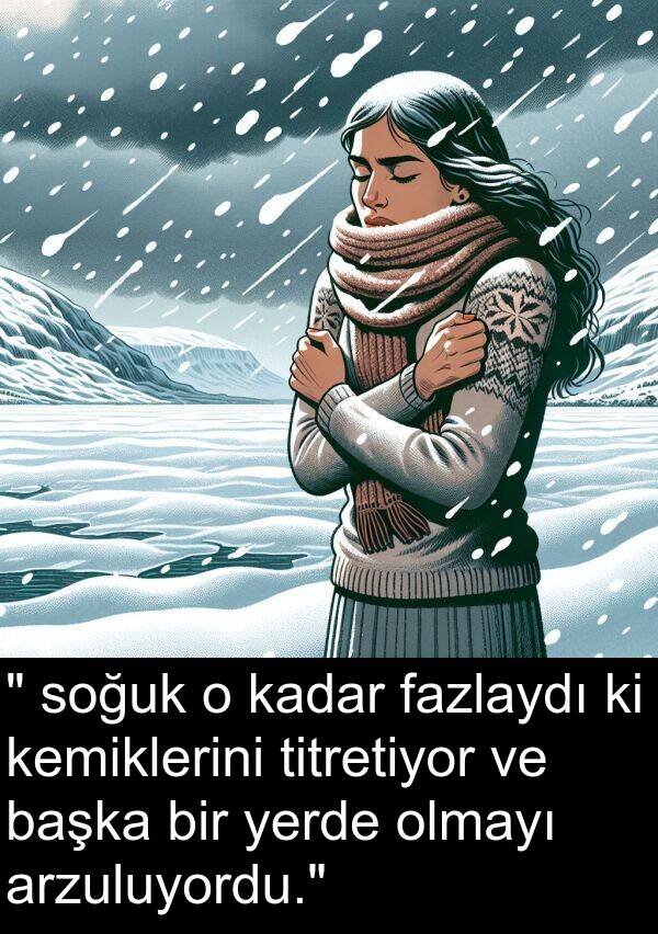 fazlaydı: " soğuk o kadar fazlaydı ki kemiklerini titretiyor ve başka bir yerde olmayı arzuluyordu."
