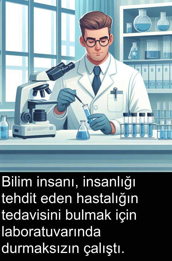 insanı: Bilim insanı, insanlığı tehdit eden hastalığın tedavisini bulmak için laboratuvarında durmaksızın çalıştı.
