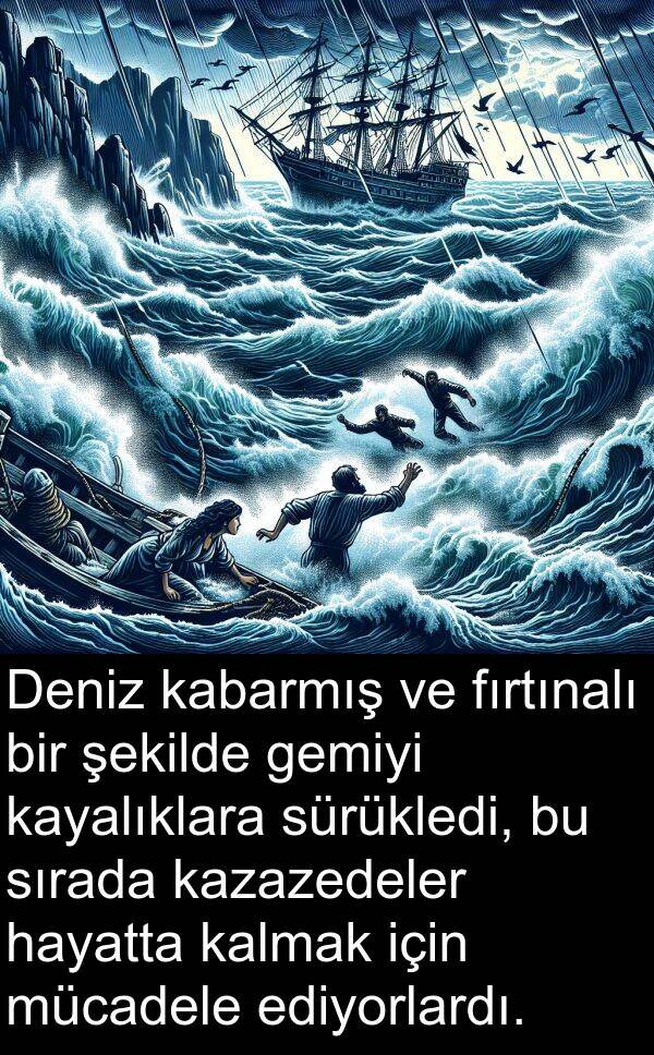 kalmak: Deniz kabarmış ve fırtınalı bir şekilde gemiyi kayalıklara sürükledi, bu sırada kazazedeler hayatta kalmak için mücadele ediyorlardı.
