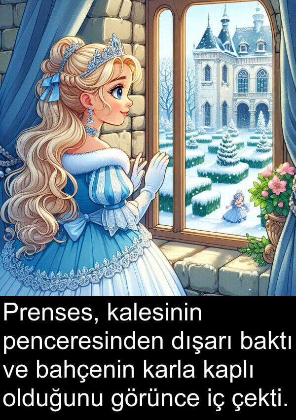 kalesinin: Prenses, kalesinin penceresinden dışarı baktı ve bahçenin karla kaplı olduğunu görünce iç çekti.