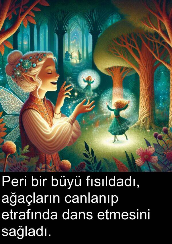 sağladı: Peri bir büyü fısıldadı, ağaçların canlanıp etrafında dans etmesini sağladı.