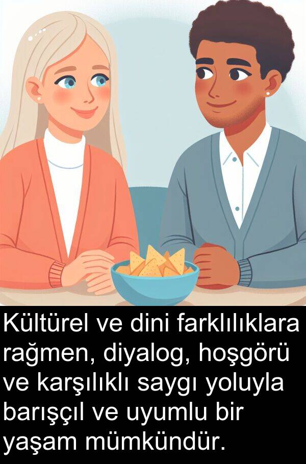 farklılıklara: Kültürel ve dini farklılıklara rağmen, diyalog, hoşgörü ve karşılıklı saygı yoluyla barışçıl ve uyumlu bir yaşam mümkündür.