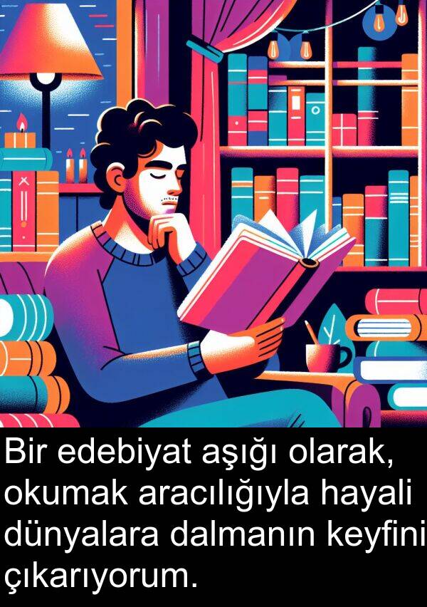 aşığı: Bir edebiyat aşığı olarak, okumak aracılığıyla hayali dünyalara dalmanın keyfini çıkarıyorum.