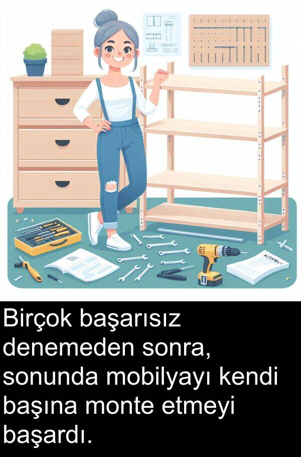başardı: Birçok başarısız denemeden sonra, sonunda mobilyayı kendi başına monte etmeyi başardı.