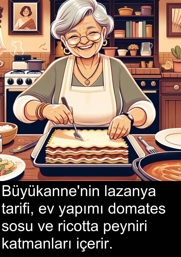 yapımı: Büyükanne'nin lazanya tarifi, ev yapımı domates sosu ve ricotta peyniri katmanları içerir.