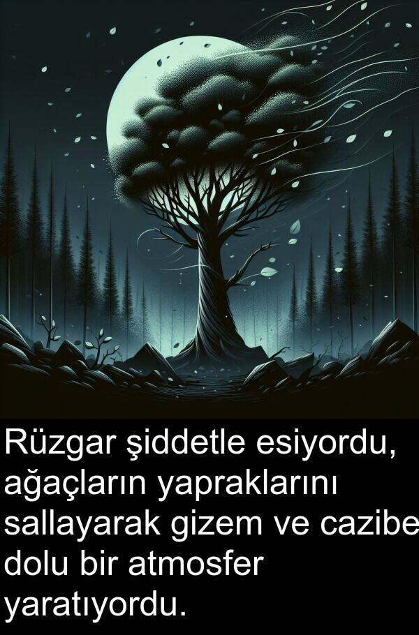 atmosfer: Rüzgar şiddetle esiyordu, ağaçların yapraklarını sallayarak gizem ve cazibe dolu bir atmosfer yaratıyordu.