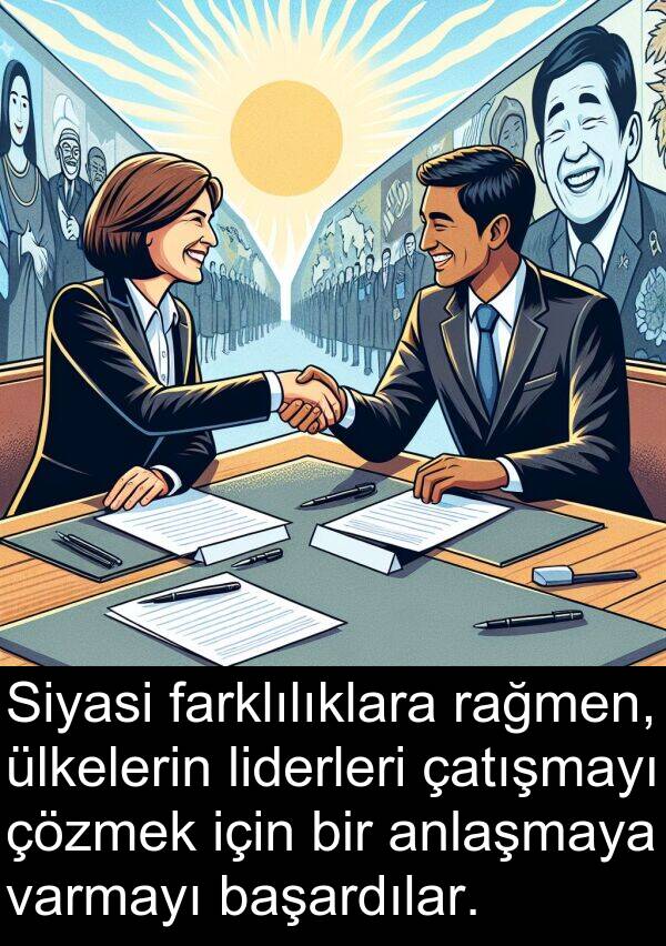 farklılıklara: Siyasi farklılıklara rağmen, ülkelerin liderleri çatışmayı çözmek için bir anlaşmaya varmayı başardılar.
