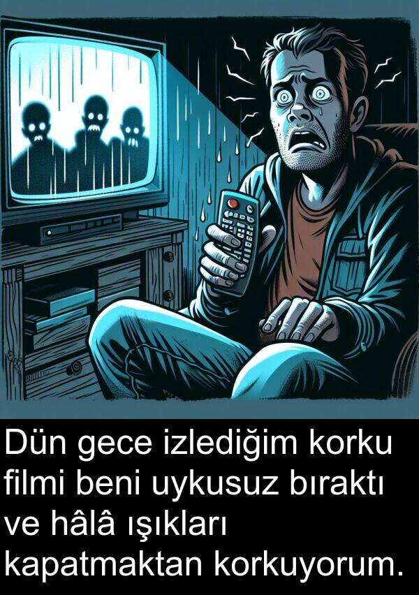filmi: Dün gece izlediğim korku filmi beni uykusuz bıraktı ve hâlâ ışıkları kapatmaktan korkuyorum.