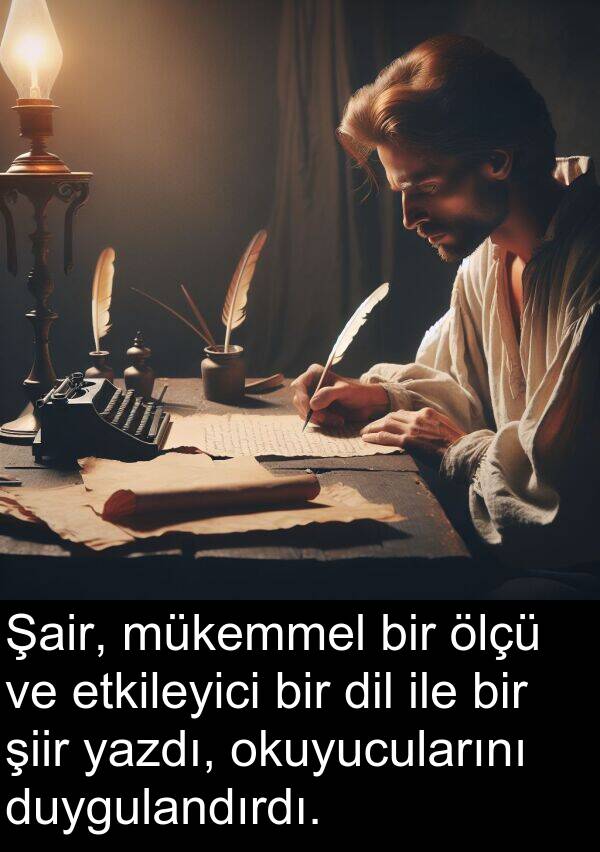 etkileyici: Şair, mükemmel bir ölçü ve etkileyici bir dil ile bir şiir yazdı, okuyucularını duygulandırdı.