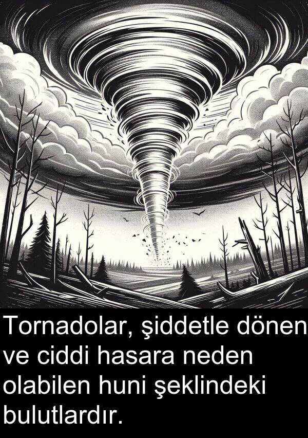 neden: Tornadolar, şiddetle dönen ve ciddi hasara neden olabilen huni şeklindeki bulutlardır.