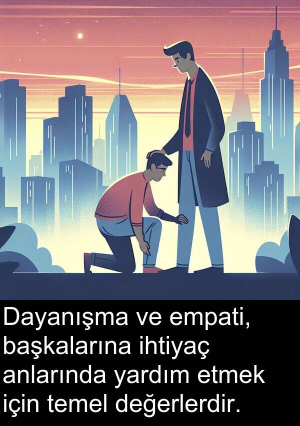 yardım: Dayanışma ve empati, başkalarına ihtiyaç anlarında yardım etmek için temel değerlerdir.