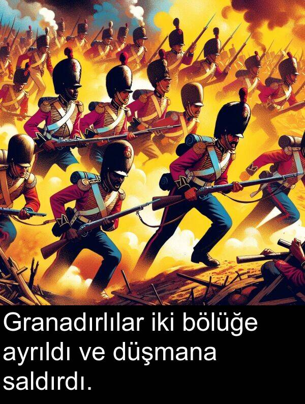 saldırdı: Granadırlılar iki bölüğe ayrıldı ve düşmana saldırdı.