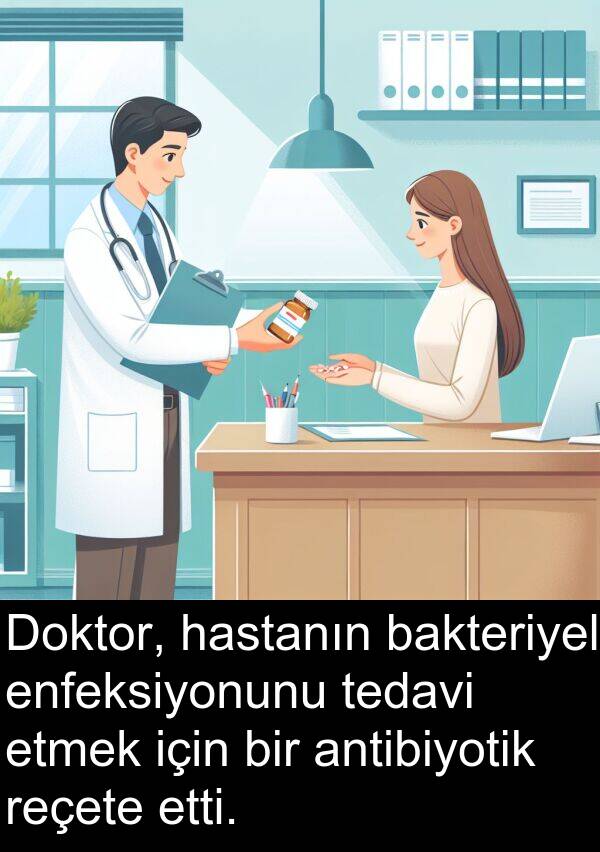 reçete: Doktor, hastanın bakteriyel enfeksiyonunu tedavi etmek için bir antibiyotik reçete etti.
