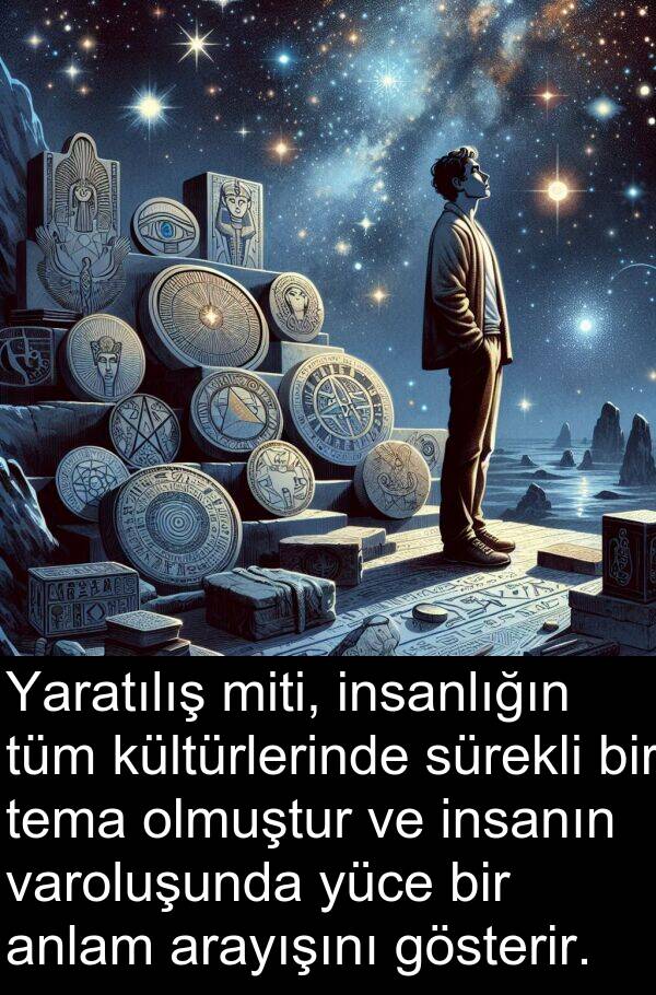 varoluşunda: Yaratılış miti, insanlığın tüm kültürlerinde sürekli bir tema olmuştur ve insanın varoluşunda yüce bir anlam arayışını gösterir.