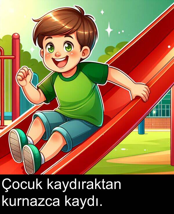 kaydıraktan: Çocuk kaydıraktan kurnazca kaydı.