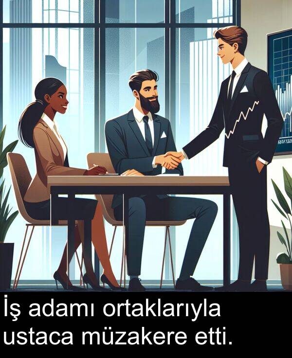 adamı: İş adamı ortaklarıyla ustaca müzakere etti.