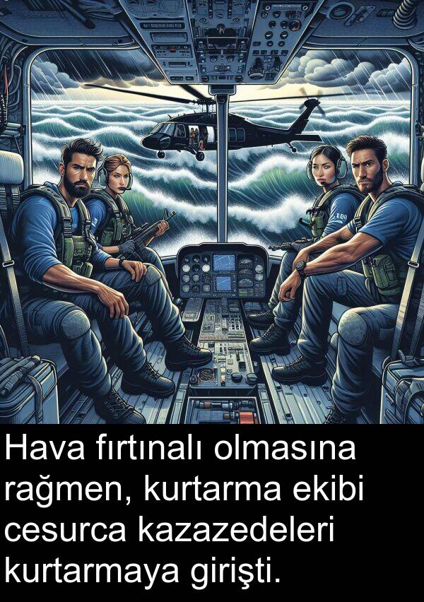 fırtınalı: Hava fırtınalı olmasına rağmen, kurtarma ekibi cesurca kazazedeleri kurtarmaya girişti.