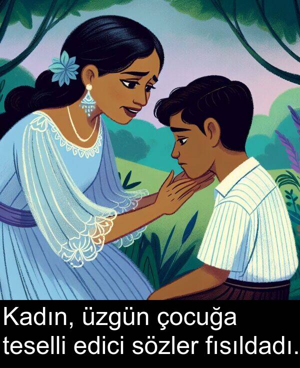 edici: Kadın, üzgün çocuğa teselli edici sözler fısıldadı.