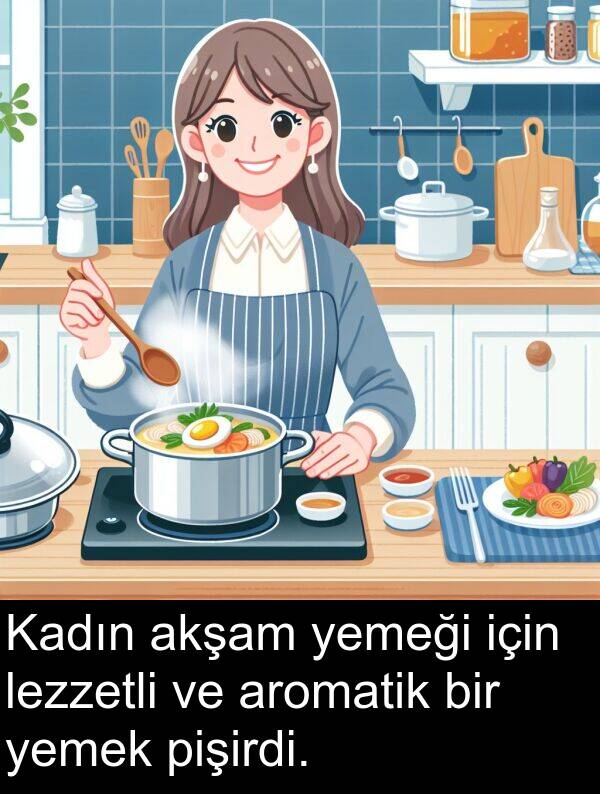 akşam: Kadın akşam yemeği için lezzetli ve aromatik bir yemek pişirdi.